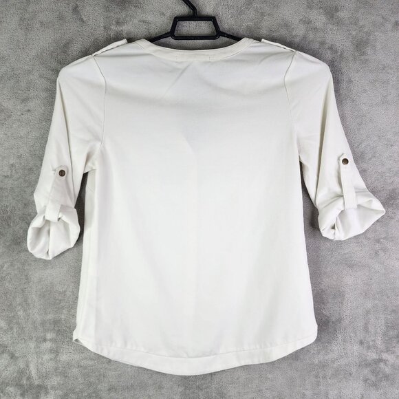 Womens White 41 Hawthorn Button-Up Blouse Polyester Roll-Up Sleeves Size S - Picture 8 of 11